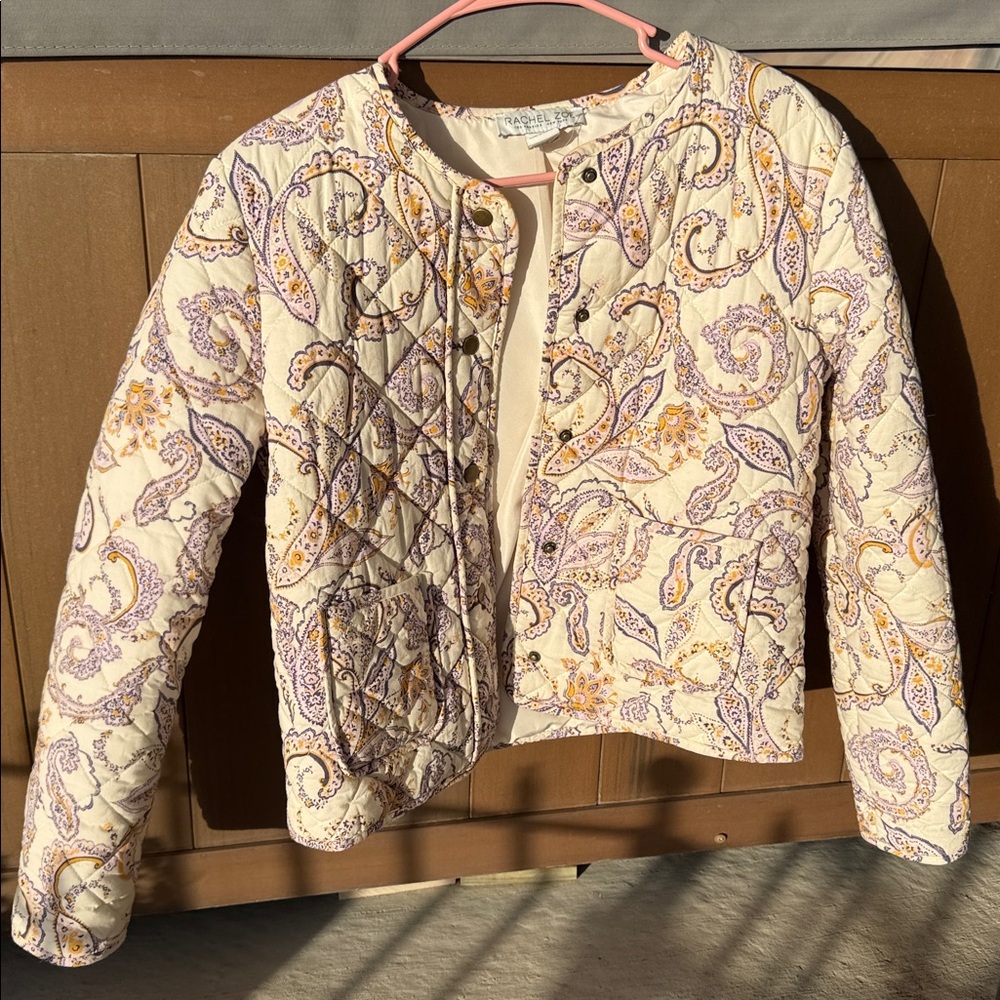 Rachel Zoe Quilted Paisley Puffer Jacket in Cream, Purple & Gold